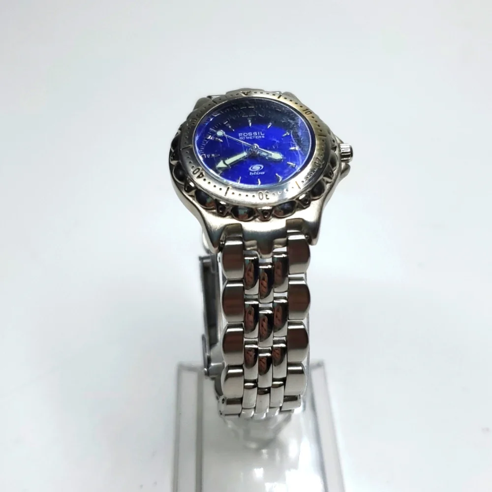 Vintage Fossil Blue AM-3099 Blue Dial Silver Watch